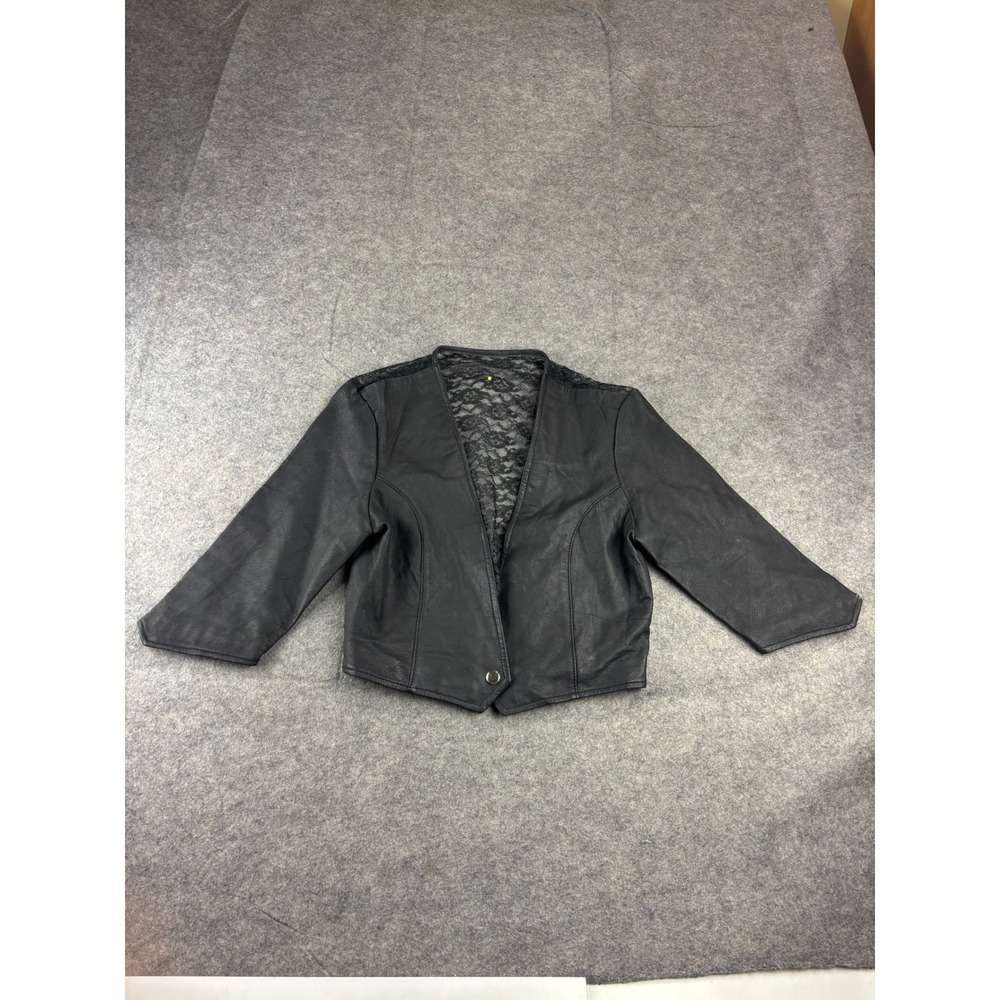 VTG Black Leather Bolero Lace Back Cropped 3/4 Sleeve S Dark Fairy Gothic Grunge